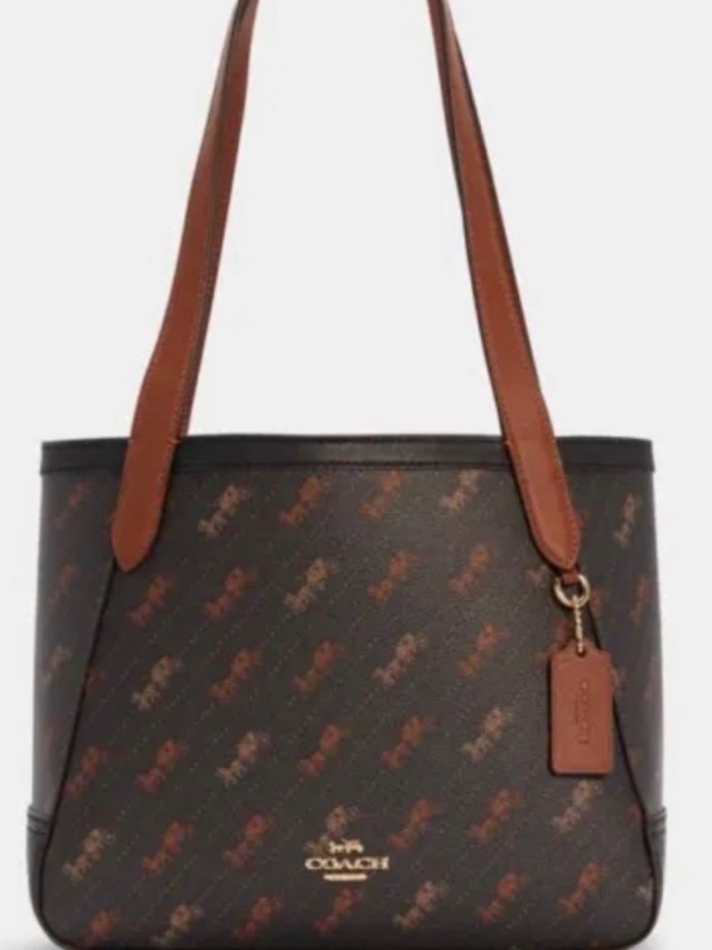 Coach Dark Brown Signature Tote with Tan Leather Straps